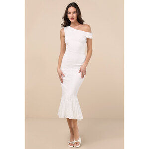 Lulus Nadie White Lace Asymmetrical Midi Dress - Size M